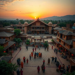 A picturesque ancient African traditional town, showcasing traditional architecture with warm, earthy tones