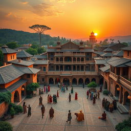 A picturesque ancient African traditional town, showcasing traditional architecture with warm, earthy tones