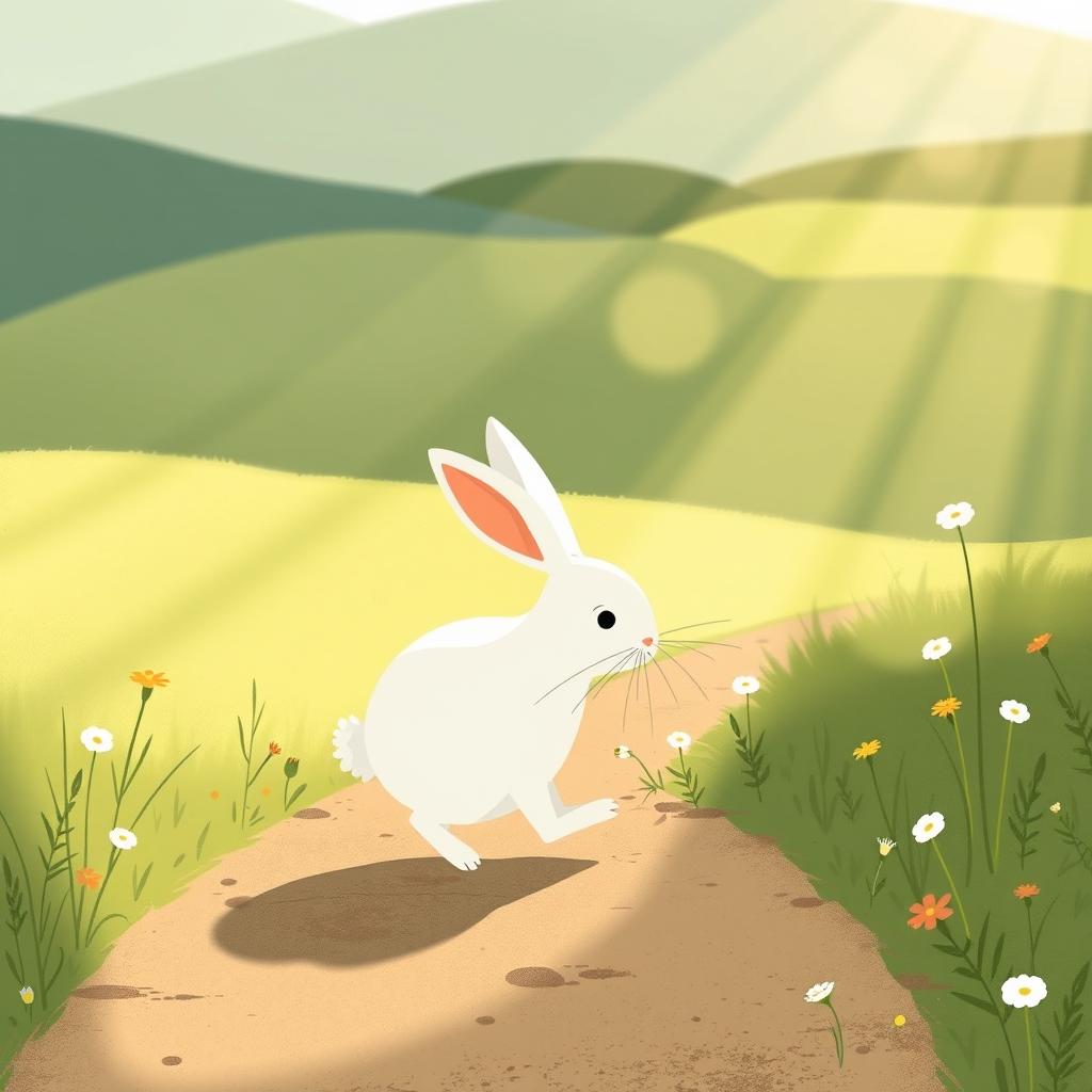 In the soft light of the morning, a cute little white rabbit walks along a path looking visibly weak and hungry