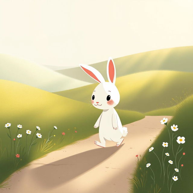 In the soft light of the morning, a cute little white rabbit walks along a path looking visibly weak and hungry