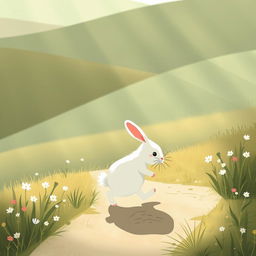 In the soft light of the morning, a cute little white rabbit walks along a path looking visibly weak and hungry