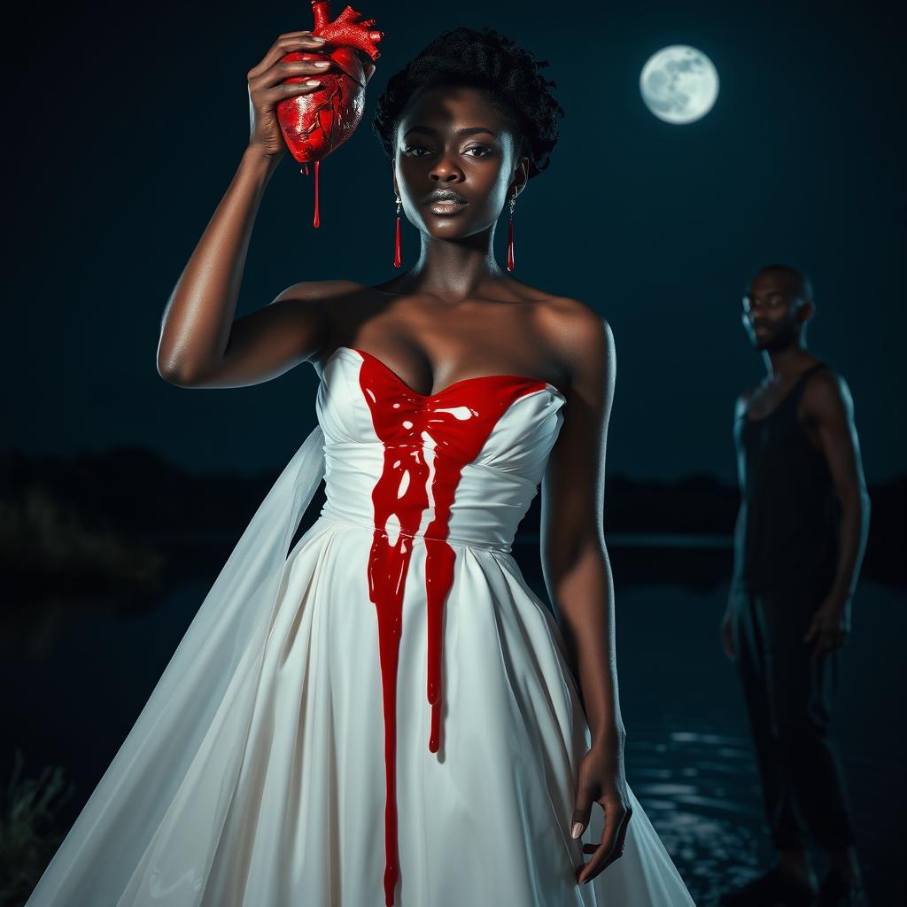 A dramatic scene of a 25-year-old black woman dressed in an elegant white gown, her expression one of eerie calm as she pulls out her own heart and holds it aloft