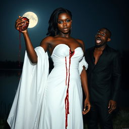 A dramatic scene of a 25-year-old black woman dressed in an elegant white gown, her expression one of eerie calm as she pulls out her own heart and holds it aloft
