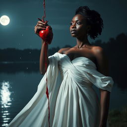A dramatic scene of a 25-year-old black woman dressed in an elegant white gown, her expression one of eerie calm as she pulls out her own heart and holds it aloft