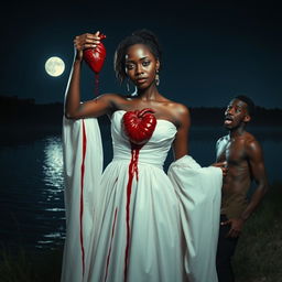 A dramatic scene of a 25-year-old black woman dressed in an elegant white gown, her expression one of eerie calm as she pulls out her own heart and holds it aloft