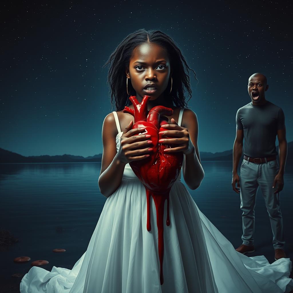 An intense scene depicting a 25-year-old black girl dressed in a flowing white gown, her expression filled with anger as she confidently holds up her own heart, blood dripping from it onto her gown