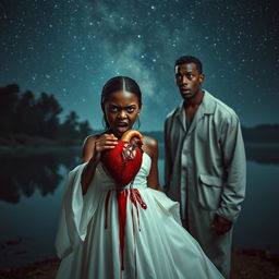 An intense scene depicting a 25-year-old black girl dressed in a flowing white gown, her expression filled with anger as she confidently holds up her own heart, blood dripping from it onto her gown