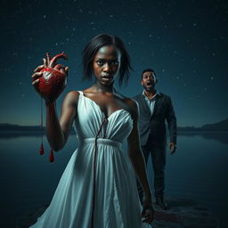 An intense scene depicting a 25-year-old black girl dressed in a flowing white gown, her expression filled with anger as she confidently holds up her own heart, blood dripping from it onto her gown