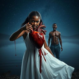 An intense scene depicting a 25-year-old black girl dressed in a flowing white gown, her expression filled with anger as she confidently holds up her own heart, blood dripping from it onto her gown