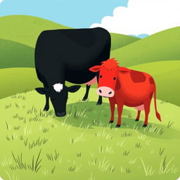 On a grassy meadow, two cows are grazing peacefully; one is a sleek black cow and the other is a vibrant red cow