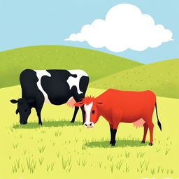On a grassy meadow, two cows are grazing peacefully; one is a sleek black cow and the other is a vibrant red cow