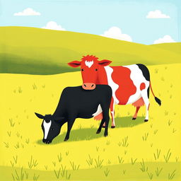 On a grassy meadow, two cows are grazing peacefully; one is a sleek black cow and the other is a vibrant red cow