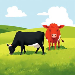 On a grassy meadow, two cows are grazing peacefully; one is a sleek black cow and the other is a vibrant red cow