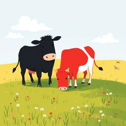 On a grassy plain, two cows are leisurely grazing; one is a rich black cow and the other is a bright red cow
