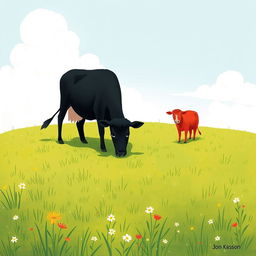 On a grassy plain, two cows are leisurely grazing; one is a rich black cow and the other is a bright red cow
