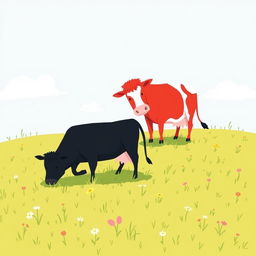 On a grassy plain, two cows are leisurely grazing; one is a rich black cow and the other is a bright red cow