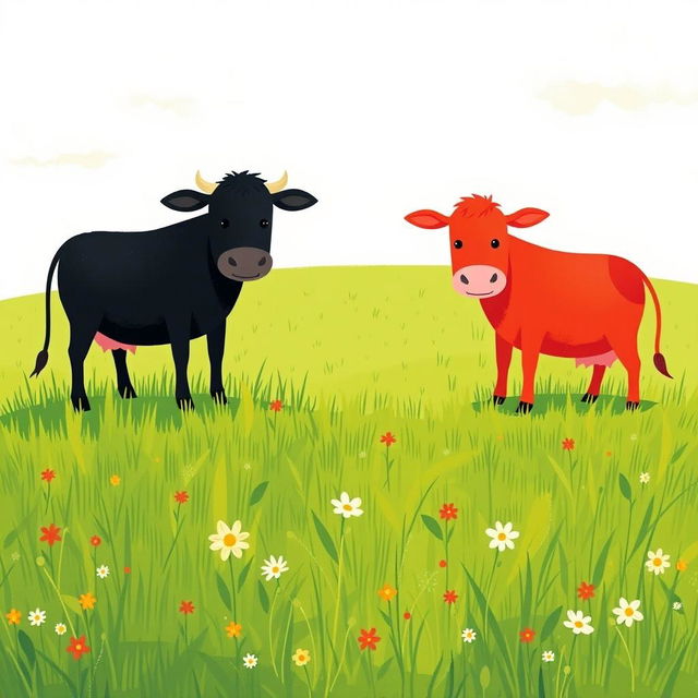 On a grassy plain, two cows are leisurely grazing; one is a rich black cow and the other is a bright red cow