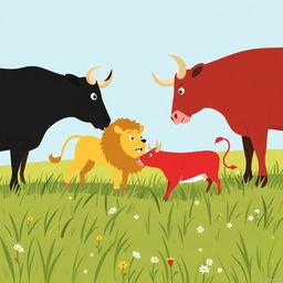 On a grassy plain, a black cow and a red cow confront a fierce yellow lion, using their horns in a show of bravery