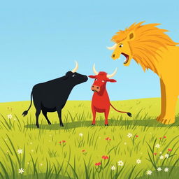 On a grassy plain, a black cow and a red cow confront a fierce yellow lion, using their horns in a show of bravery