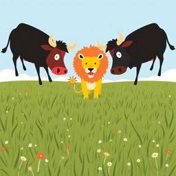 On a grassy plain, a black cow and a red cow confront a fierce yellow lion, using their horns in a show of bravery