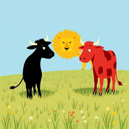 On a grassy plain, a black cow and a red cow confront a fierce yellow lion, using their horns in a show of bravery