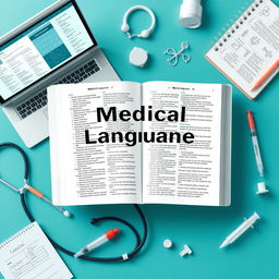 A modern and visually engaging representation of medical language essentials, featuring an open medical dictionary with highlighted entries, medical symbols like a stethoscope, a syringe, and anatomical diagrams scattered around