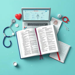 A modern and visually engaging representation of medical language essentials, featuring an open medical dictionary with highlighted entries, medical symbols like a stethoscope, a syringe, and anatomical diagrams scattered around