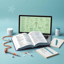 A modern and visually engaging representation of medical language essentials, featuring an open medical dictionary with highlighted entries, medical symbols like a stethoscope, a syringe, and anatomical diagrams scattered around