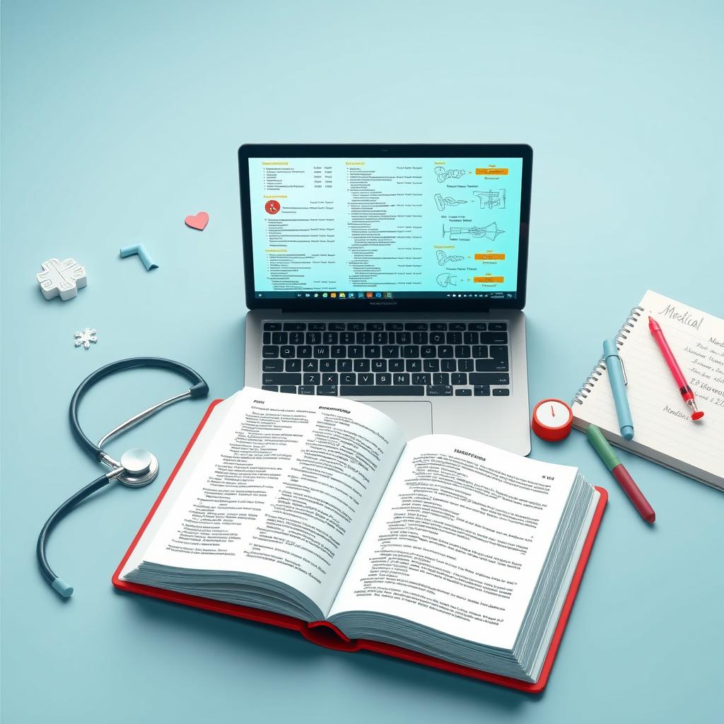 A modern and visually engaging representation of medical language essentials, featuring an open medical dictionary with highlighted entries, medical symbols like a stethoscope, a syringe, and anatomical diagrams scattered around