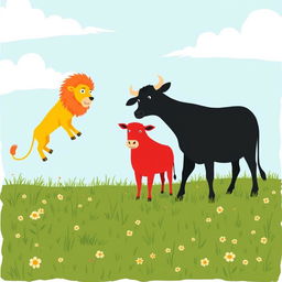 On a grassy plain, a brave black cow and a vibrant red cow stand together to confront a fierce yellow lion