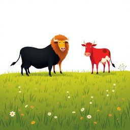 On a grassy plain, a brave black cow and a vibrant red cow stand together to confront a fierce yellow lion