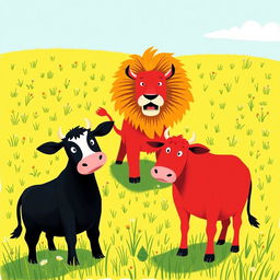 On a grassy plain, a brave black cow and a vibrant red cow stand together to confront a fierce yellow lion