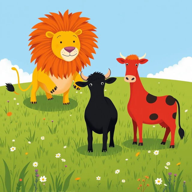 On a grassy plain, a brave black cow and a vibrant red cow stand together to confront a fierce yellow lion