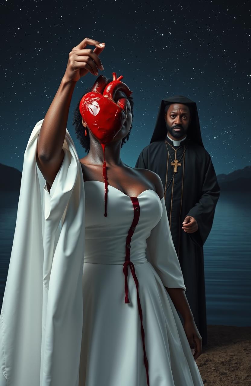 A 25-year-old black woman dressed in an elegant white chief priestess gown, dramatically pulling out her own heart and holding it up high