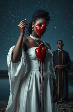 A 25-year-old black woman dressed in an elegant white chief priestess gown, dramatically pulling out her own heart and holding it up high