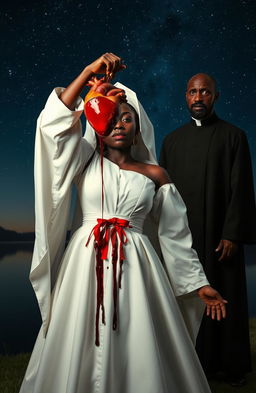 A 25-year-old black woman dressed in an elegant white chief priestess gown, dramatically pulling out her own heart and holding it up high