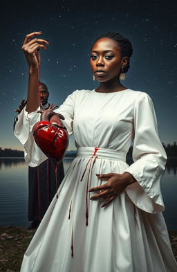 A 25-year-old black woman dressed in an elegant white chief priestess gown, dramatically pulling out her own heart and holding it up high