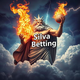 Zeus, the mighty Greek god, stands majestically in the clouds, holding a flaming football in his hand
