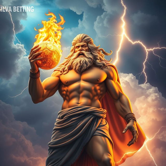 Zeus, the mighty Greek god, stands majestically in the clouds, holding a flaming football in his hand