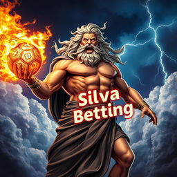 Zeus, the mighty Greek god, stands majestically in the clouds, holding a flaming football in his hand