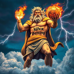 Zeus, the mighty Greek god, stands majestically in the clouds, holding a flaming football in his hand