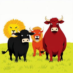 On a grassy plain, a fierce black cow and a bold red cow stand side by side, ready to confront a menacing yellow lion