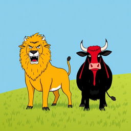 On a grassy plain, a fierce black cow and a bold red cow stand side by side, ready to confront a menacing yellow lion