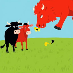 On a grassy plain, a fierce black cow and a bold red cow stand side by side, ready to confront a menacing yellow lion