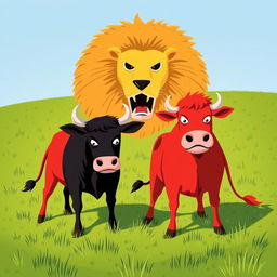 On a grassy plain, a fierce black cow and a bold red cow stand side by side, ready to confront a menacing yellow lion