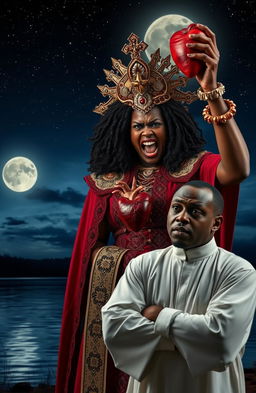 An intense scene featuring an angry 25-year-old black woman dressed in elaborate chief priestess attire, her fierce expression conveying rage as she dramatically pulls out her own heart, holding it triumphantly in her hand