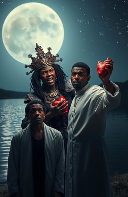 An intense scene featuring an angry 25-year-old black woman dressed in elaborate chief priestess attire, her fierce expression conveying rage as she dramatically pulls out her own heart, holding it triumphantly in her hand