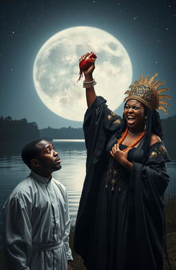 An intense scene featuring an angry 25-year-old black woman dressed in elaborate chief priestess attire, her fierce expression conveying rage as she dramatically pulls out her own heart, holding it triumphantly in her hand