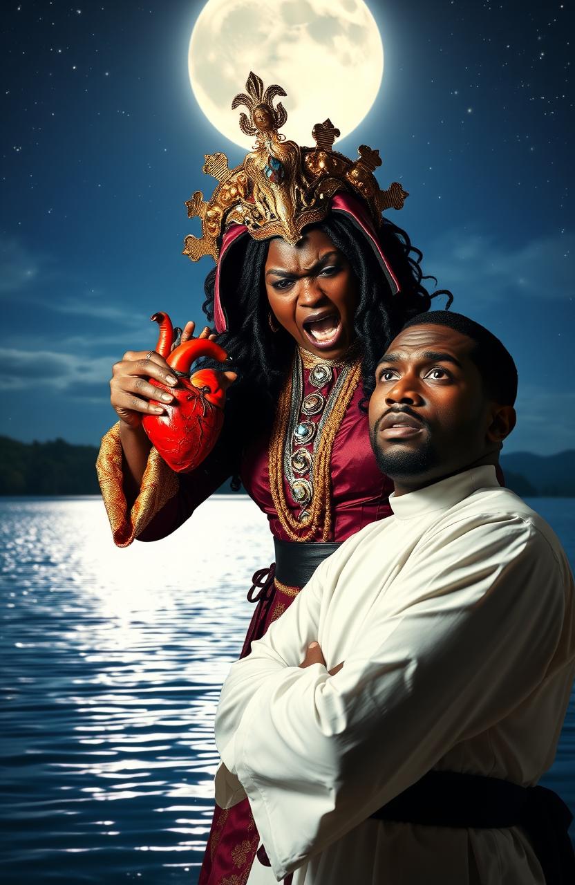 An intense scene featuring an angry 25-year-old black woman dressed in elaborate chief priestess attire, her fierce expression conveying rage as she dramatically pulls out her own heart, holding it triumphantly in her hand