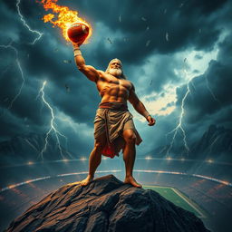 Zeus, the mighty Greek god, stands triumphantly at the pinnacle of a grand mountain, holding a flaming football in his hand